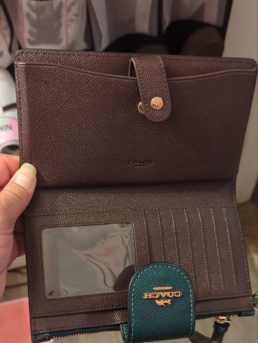 Coach Teal Saffiano Leather Compact Wallet with Gold Logo - Picture 2 of 3